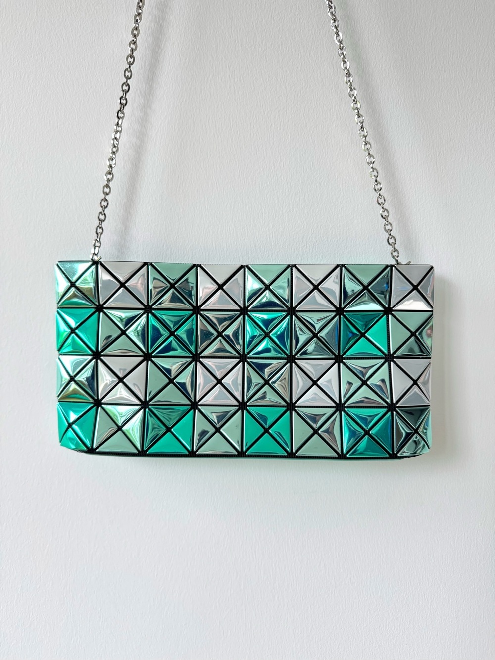 BAO BAO Issey Miyake Prism Crossbody Iridescent Teal & Silver Clutch with Chain